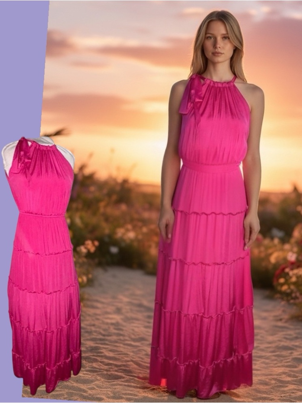 Tbags Los Angeles Maxi Tiered Hot Pink Medium‎ Dress
